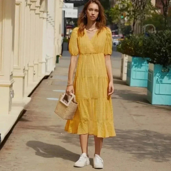 Midi Yellow Tiered Puff Sleeve Dress - V-Neck - 100% Cotton - Picture 2 of 10
